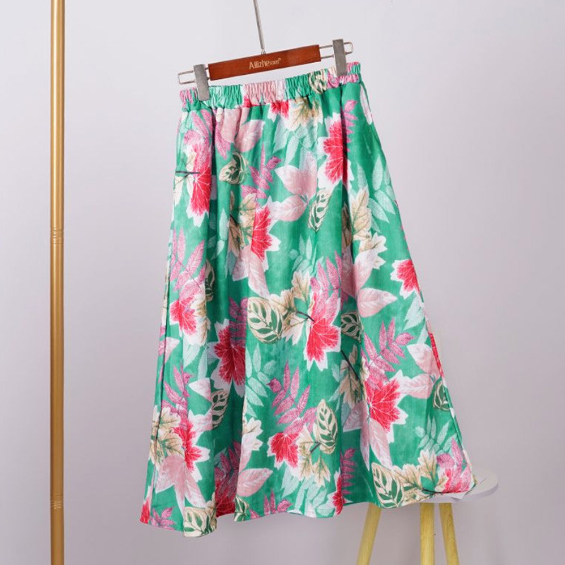 Εκτύπωση ελαστικές φούστες μέσης Άνοιξη Καλοκαίρι Νέα Φαρδιά Plus μέγεθος Floral φούστα σε γραμμή Α Vintage μόδα Γυναικεία ρούχα
