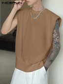 Μόδα ανδρικά φανελάκια μονόχρωμα αμάνικα κορεάτικα γιλέκα με λαιμόκοψη 2023 Καλοκαιρινή χαλαρή καθημερινή ανδρική ένδυση 5XL INCERUN 7