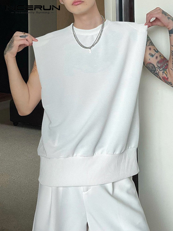 Μόδα ανδρικά φανελάκια μονόχρωμα αμάνικα κορεάτικα γιλέκα με λαιμόκοψη 2023 Καλοκαιρινή χαλαρή καθημερινή ανδρική ένδυση 5XL INCERUN 7