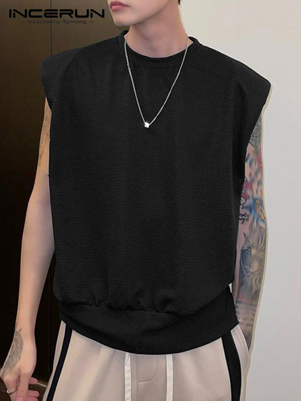 Μόδα ανδρικά φανελάκια μονόχρωμα αμάνικα κορεάτικα γιλέκα με λαιμόκοψη 2023 Καλοκαιρινή χαλαρή καθημερινή ανδρική ένδυση 5XL INCERUN 7