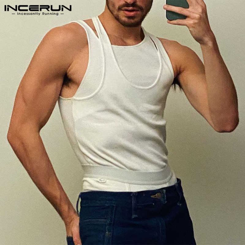 Ανδρικά φανελάκια 2023 Μονόχρωμα στρογγυλά ακανόνιστα γιλέκα σέξι γυμναστήριο Streetwear Ανδρικά ρούχα S-5XL INCERUN
