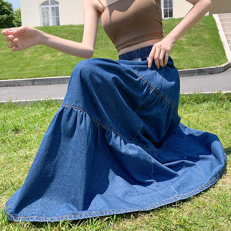 Maxi garie svārki sievietēm pavasara vasara elastīgi ar augstu vidukli Džinsu svārki Sievietēm Savienojami A-Line volāni kroku džinsa svārki Liela izmēra