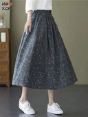 Vintažinė gėlėta kišenė plius dydžio 5xl ilgi sijonai moterims Vasarinis elastingas A formos sijonas aukštu juosmeniu Korėjos mados laisvas sijonas