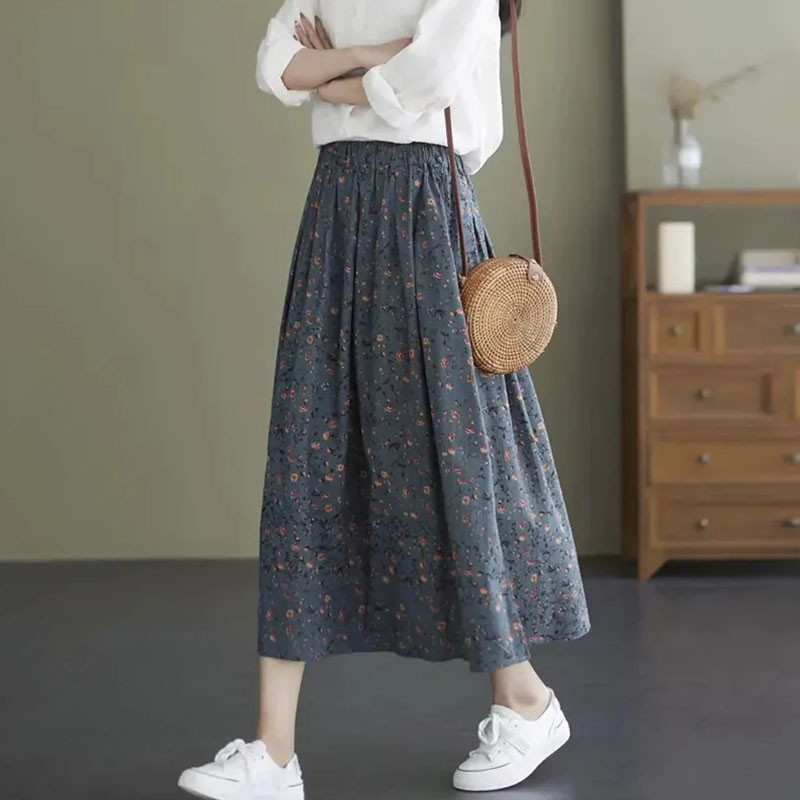 Vintažinė gėlėta kišenė plius dydžio 5xl ilgi sijonai moterims Vasarinis elastingas A formos sijonas aukštu juosmeniu Korėjos mados laisvas sijonas