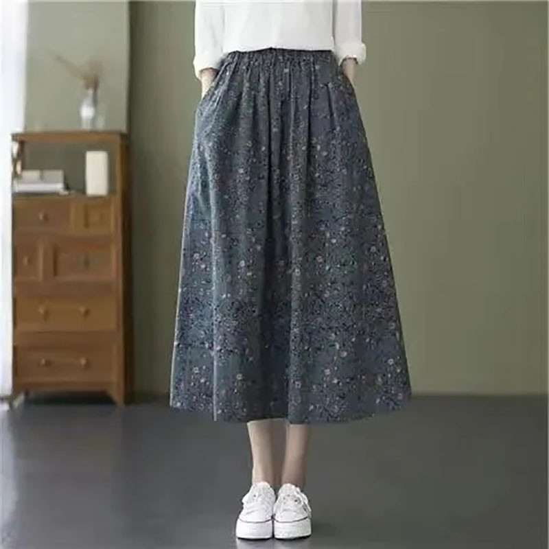 Vintažinė gėlėta kišenė plius dydžio 5xl ilgi sijonai moterims Vasarinis elastingas A formos sijonas aukštu juosmeniu Korėjos mados laisvas sijonas