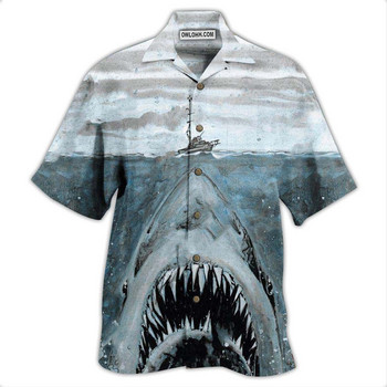 Нови хавайски мъжки ризи Cool Shark Totem Printed Top US Size Cuban Collar Summer Vacation Beach Style Hangover Shirt