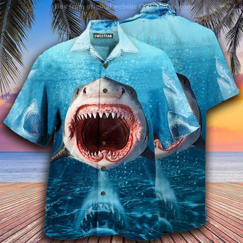 Нови хавайски мъжки ризи Cool Shark Totem Printed Top US Size Cuban Collar Summer Vacation Beach Style Hangover Shirt