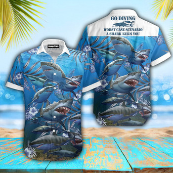 Нови хавайски мъжки ризи Cool Shark Totem Printed Top US Size Cuban Collar Summer Vacation Beach Style Hangover Shirt