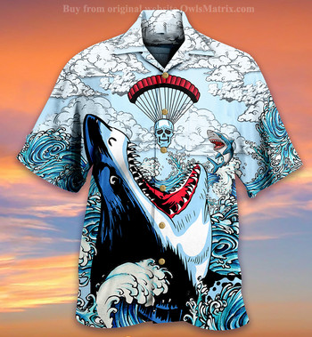 Нови хавайски мъжки ризи Cool Shark Totem Printed Top US Size Cuban Collar Summer Vacation Beach Style Hangover Shirt