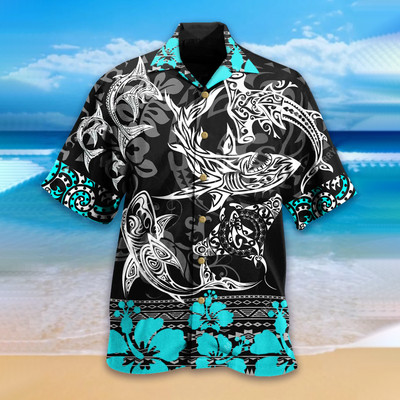Új hawaii férfi ingek Cool Shark Totem nyomtatott felső amerikai méretű kubai gallérral nyári vakáció tengerparti stílusú másnapos ing