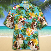 Cavalier King Charles Spaniel Pineapple 3D παντού εμπριμέ Χαβάης πουκάμισο Ανδρικό για Γυναικείο Harajuku Casual πουκάμισο Unisex