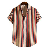 Vīriešu apģērbs 2022. gada vasara Jauns vīriešu modes svītrainām apdrukas krekli ar īsām piedurknēm Ikdienišķa atloka pogas Vīriešu kreklu topi