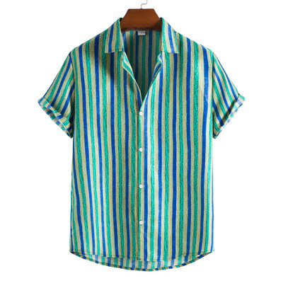 Vīriešu apģērbs 2022. gada vasara Jauns vīriešu modes svītrainām apdrukas krekli ar īsām piedurknēm Ikdienišķa atloka pogas Vīriešu kreklu topi