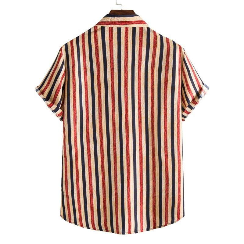 Vīriešu apģērbs 2022. gada vasara Jauns vīriešu modes svītrainām apdrukas krekli ar īsām piedurknēm Ikdienišķa atloka pogas Vīriešu kreklu topi