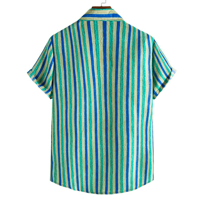 Vīriešu apģērbs 2022. gada vasara Jauns vīriešu modes svītrainām apdrukas krekli ar īsām piedurknēm Ikdienišķa atloka pogas Vīriešu kreklu topi