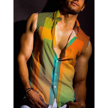 Ανδρικό αμάνικο γιλέκο πουκάμισο 3d ψηφιακής εκτύπωσης Αμάνικο κοντό μανίκι Rainbow ριγέ πουκάμισο Hawaiian 2023 Νέο