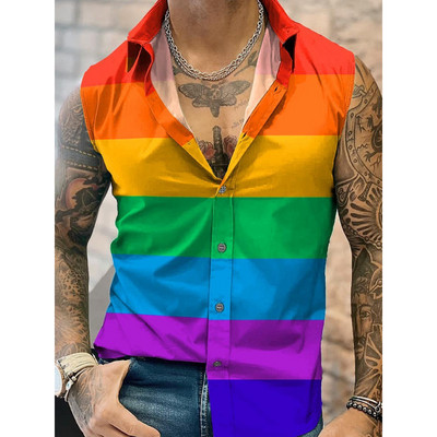 Vyriški marškiniai be rankovių liemenė 3D skaitmenine spauda be rankovių trumpomis rankovėmis vaivorykštės dryžuoti Havajų marškiniai, 2023 m. Nauji