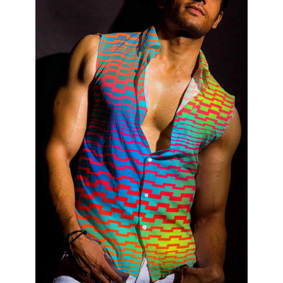 Vyriški marškiniai be rankovių liemenė 3D skaitmenine spauda be rankovių trumpomis rankovėmis vaivorykštės dryžuoti Havajų marškiniai, 2023 m. Nauji