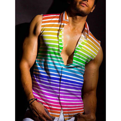 Vyriški marškiniai be rankovių liemenė 3D skaitmenine spauda be rankovių trumpomis rankovėmis vaivorykštės dryžuoti Havajų marškiniai, 2023 m. Nauji