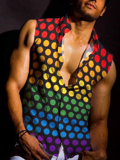 Vyriški marškiniai be rankovių liemenė 3D skaitmenine spauda be rankovių trumpomis rankovėmis vaivorykštės dryžuoti Havajų marškiniai, 2023 m. Nauji