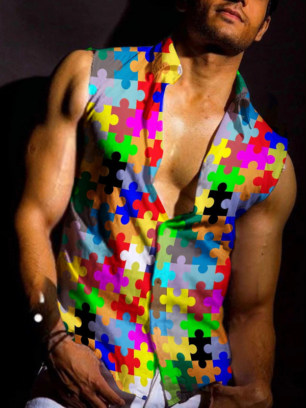 Vyriški marškiniai be rankovių liemenė 3D skaitmenine spauda be rankovių trumpomis rankovėmis vaivorykštės dryžuoti Havajų marškiniai, 2023 m. Nauji