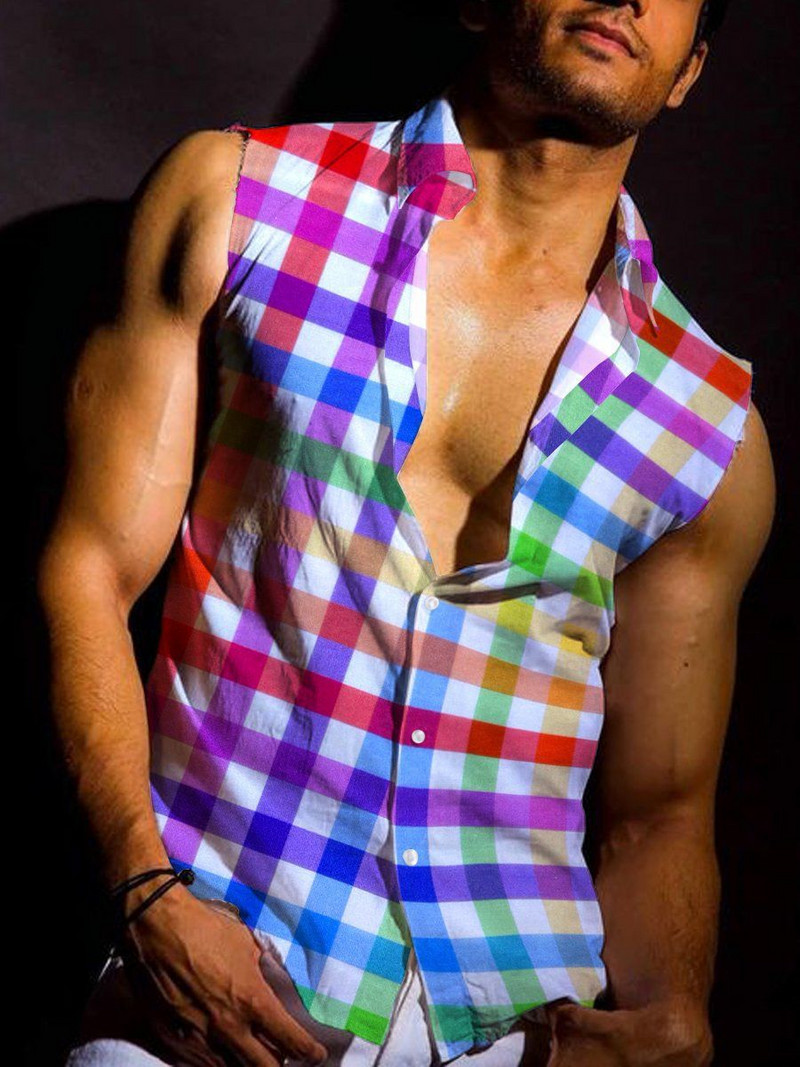 Vyriški marškiniai be rankovių liemenė 3D skaitmenine spauda be rankovių trumpomis rankovėmis vaivorykštės dryžuoti Havajų marškiniai, 2023 m. Nauji