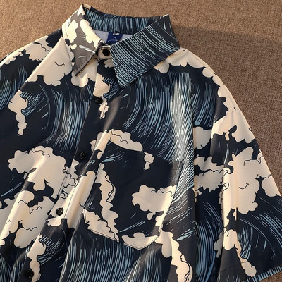 Τσέπες Man printed Trendy casual φαρδιά κοντό μανίκι Όμορφα πουκάμισα με κουμπιά Streetwear Ανδρικά ρούχα με γυριστό γιακά