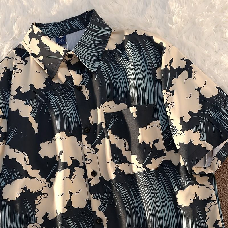 Τσέπες Man printed Trendy casual φαρδιά κοντό μανίκι Όμορφα πουκάμισα με κουμπιά Streetwear Ανδρικά ρούχα με γυριστό γιακά