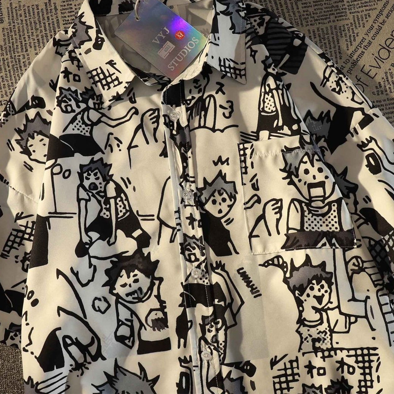 Τσέπες Man printed Trendy casual φαρδιά κοντό μανίκι Όμορφα πουκάμισα με κουμπιά Streetwear Ανδρικά ρούχα με γυριστό γιακά