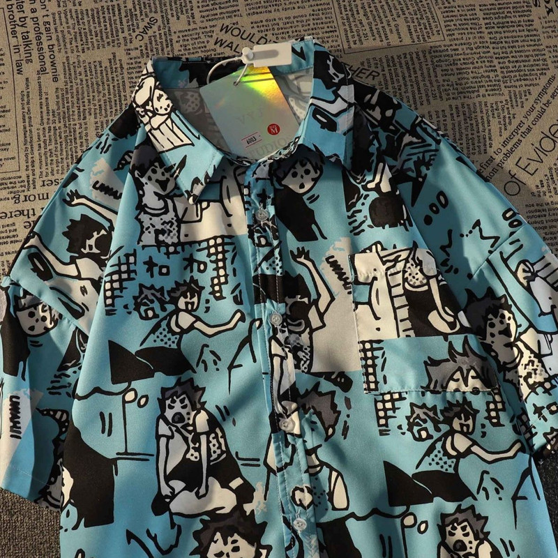 Τσέπες Man printed Trendy casual φαρδιά κοντό μανίκι Όμορφα πουκάμισα με κουμπιά Streetwear Ανδρικά ρούχα με γυριστό γιακά