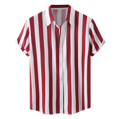 Férfi rózsaszín csíkos ing 2022 nyári rövid ujjú férfi gombos geometrikus ingek felsők