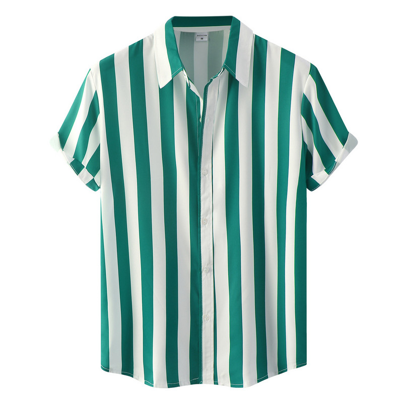 Férfi rózsaszín csíkos ing 2022 nyári rövid ujjú férfi gombos geometrikus ingek felsők