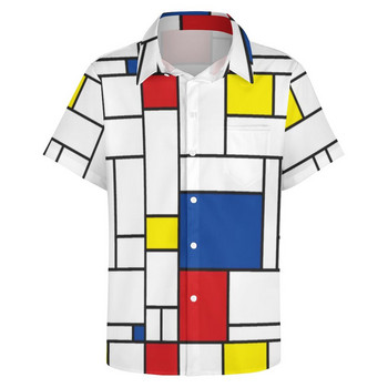 Ретро Mondrian карирана ежедневна риза Мъжка хавайска риза Mondrian с модерно изкуство Ретро блузи с къс ръкав и големи размери