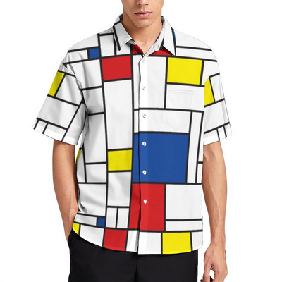 Cămașă ocazională în carouri retro Mondrian Cămașă hawaiană de artă modernă Mondrian pentru bărbați Bluze vintage cu mânecă scurtă supradimensionată