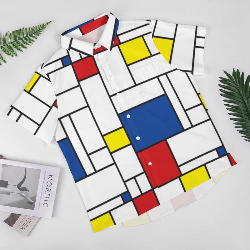 Retro Mondrian rūtains ikdienas krekls Vīriešu Mondrian Modern Art Havaju krekls Vintage Blūzes ar īsām piedurknēm Liela izmēra