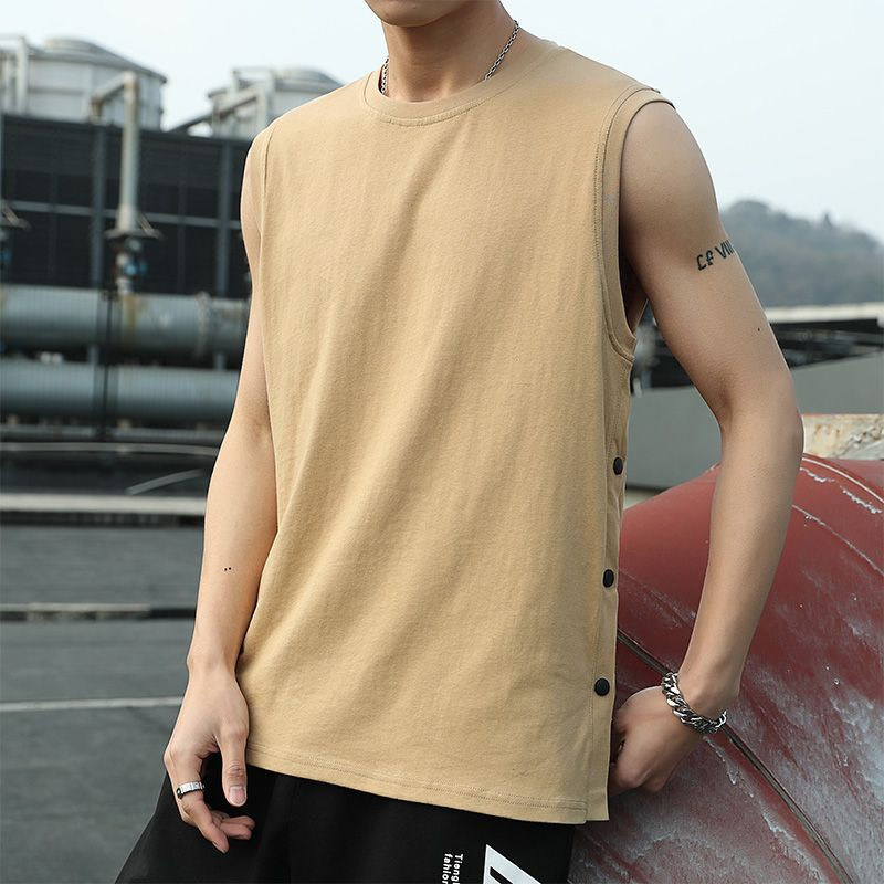 2023 nyár, új ujjatlan férfi ruházat, kerek nyakú, toldott gombos, egyszínű, divatos sport, bő, koreai változatú mellény