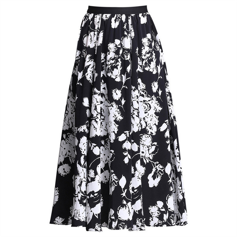 Eleganti ar ledus zīda apdruku A-līnijas svārki, plāni literatūras un mākslas dizaina dāmai ar augstu vidukli, vidēja garuma versija, lieli šūpojošie svārki