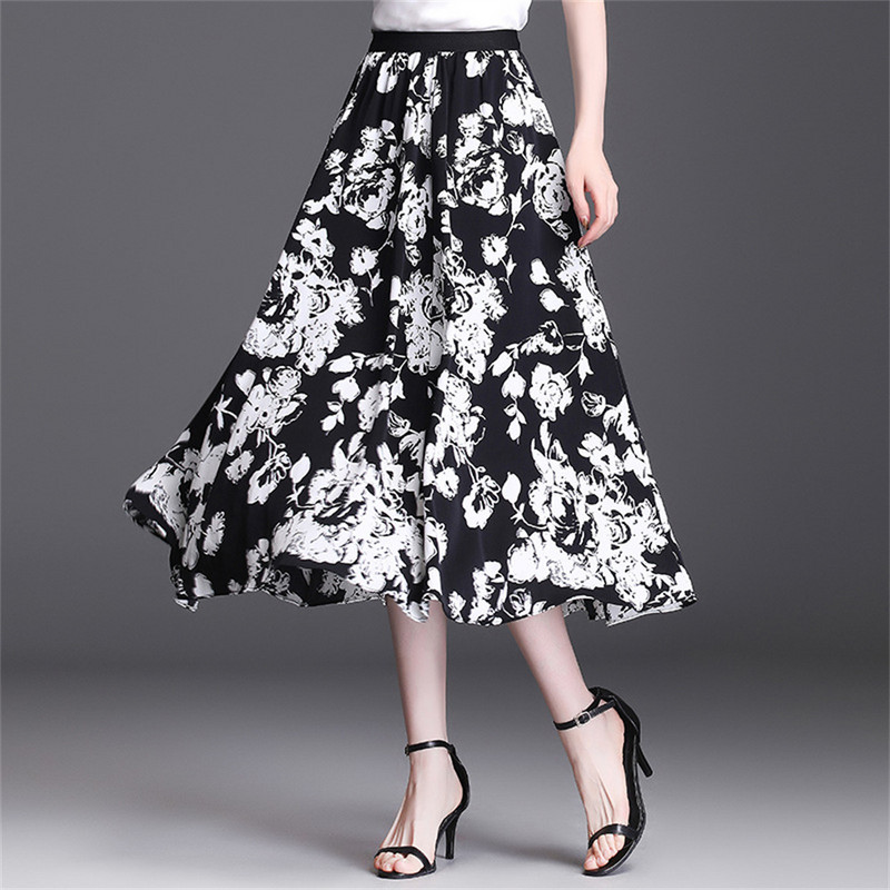 Eleganti ar ledus zīda apdruku A-līnijas svārki, plāni literatūras un mākslas dizaina dāmai ar augstu vidukli, vidēja garuma versija, lieli šūpojošie svārki
