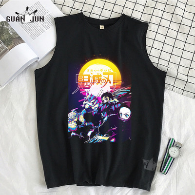 100% Cotton Demon Slayer Kimetsu no Yaiba Vīriešu T-krekls Bezpiedurkņu T-krekli Vīriešu Hip Hop Vīriešu Vestes Topi T-krekli Liela izmēra krekli