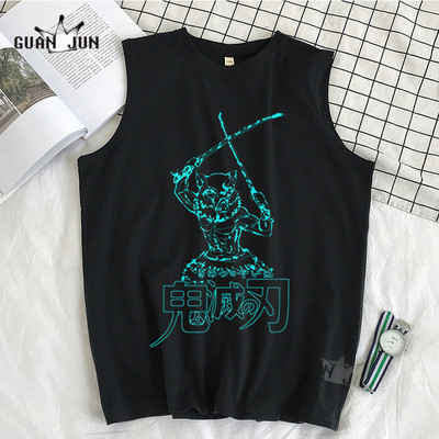 100% Cotton Demon Slayer Kimetsu no Yaiba Vīriešu T-krekls Bezpiedurkņu T-krekli Vīriešu Hip Hop Vīriešu Vestes Topi T-krekli Liela izmēra krekli
