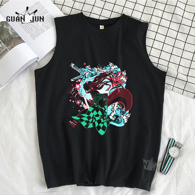 100% Cotton Demon Slayer Kimetsu no Yaiba Vīriešu T-krekls Bezpiedurkņu T-krekli Vīriešu Hip Hop Vīriešu Vestes Topi T-krekli Liela izmēra krekli