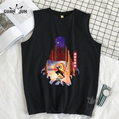 100% Cotton Demon Slayer Kimetsu no Yaiba Vīriešu T-krekls Bezpiedurkņu T-krekli Vīriešu Hip Hop Vīriešu Vestes Topi T-krekli Liela izmēra krekli