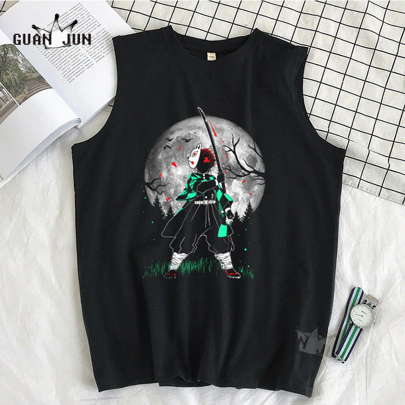 100% Cotton Demon Slayer Kimetsu no Yaiba Vīriešu T-krekls Bezpiedurkņu T-krekli Vīriešu Hip Hop Vīriešu Vestes Topi T-krekli Liela izmēra krekli