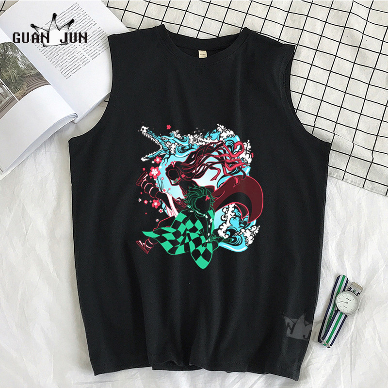 100% Cotton Demon Slayer Kimetsu no Yaiba Vīriešu T-krekls Bezpiedurkņu T-krekli Vīriešu Hip Hop Vīriešu Vestes Topi T-krekli Liela izmēra krekli