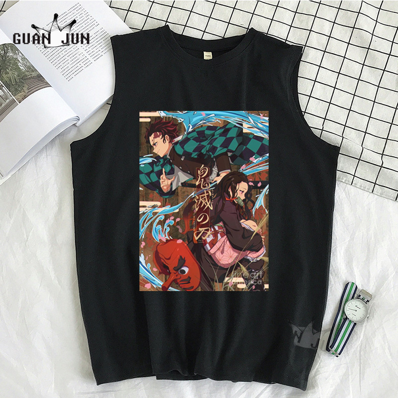 100% Cotton Demon Slayer Kimetsu no Yaiba Vīriešu T-krekls Bezpiedurkņu T-krekli Vīriešu Hip Hop Vīriešu Vestes Topi T-krekli Liela izmēra krekli