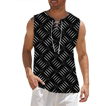 Модна мъжка памучна ленена едноцветна ретро тениска без ръкави с шнур с V-образно деколте Тениска за гимнастика Summer Beach Street Casual T-Shirt