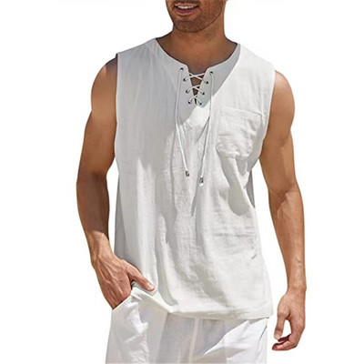 Модна мъжка памучна ленена едноцветна ретро тениска без ръкави с шнур с V-образно деколте Тениска за гимнастика Summer Beach Street Casual T-Shirt