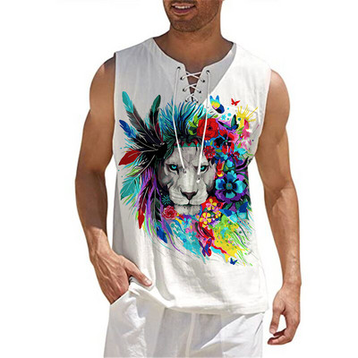 Modes vīriešu kokvilnas lina vienkrāsains bezpiedurkņu vintage savilkšanas aukliņš ar V veida kakla izgriezumu sporta zāles augšējais T-krekls Summer Beach Street ikdienas T-krekls