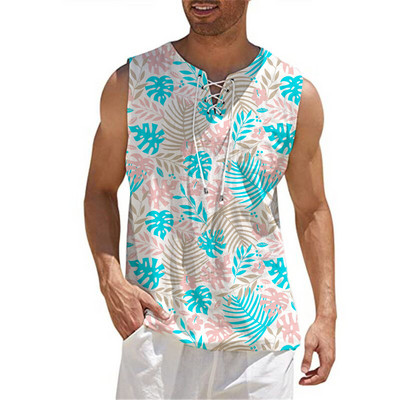 Modes vīriešu kokvilnas lina vienkrāsains bezpiedurkņu vintage savilkšanas aukliņš ar V veida kakla izgriezumu sporta zāles augšējais T-krekls Summer Beach Street ikdienas T-krekls