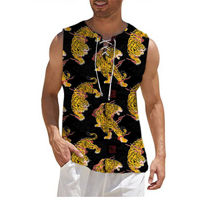 Modes vīriešu kokvilnas lina vienkrāsains bezpiedurkņu vintage savilkšanas aukliņš ar V veida kakla izgriezumu sporta zāles augšējais T-krekls Summer Beach Street ikdienas T-krekls